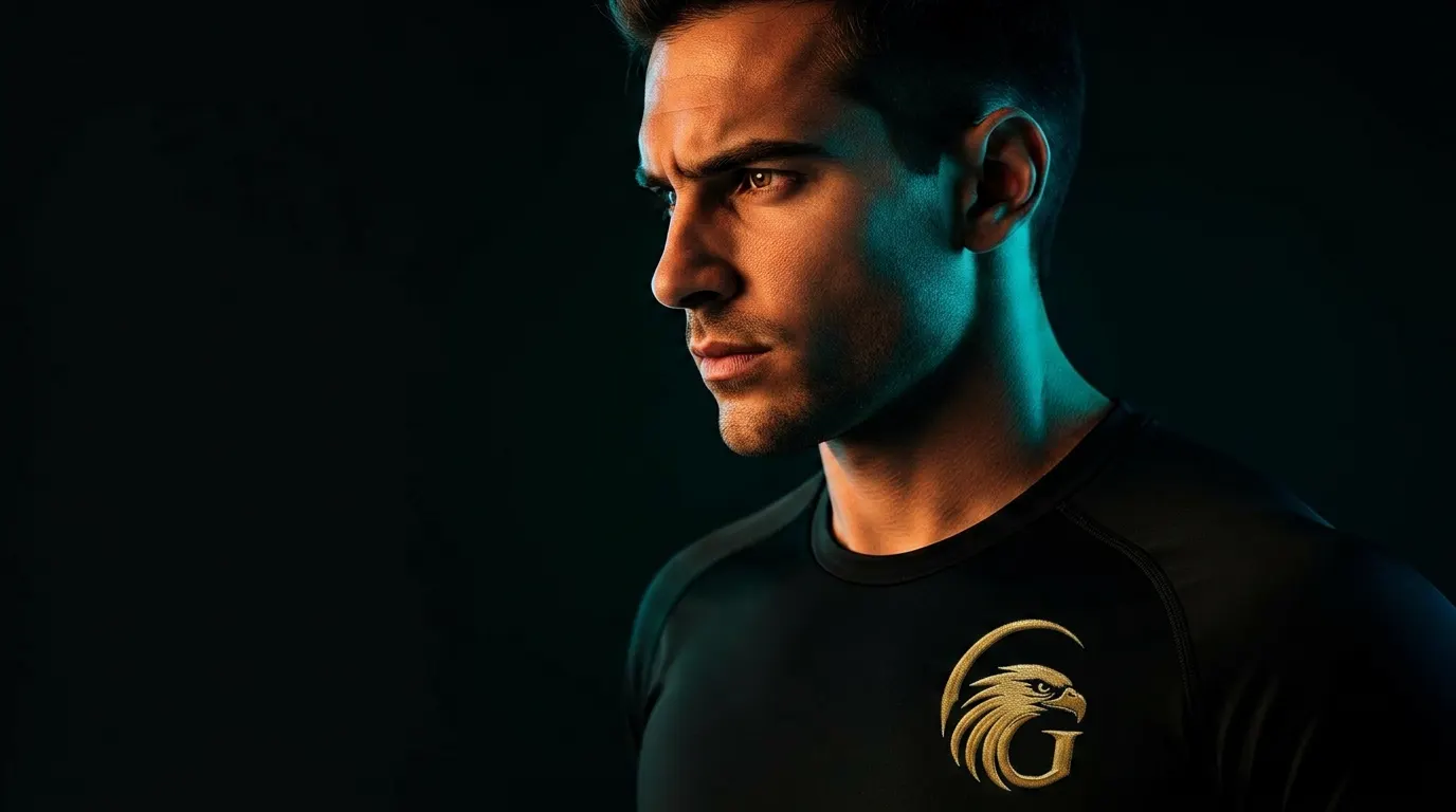 Atleta de perfil com olhar concentrado vestindo camisa preta Guadila